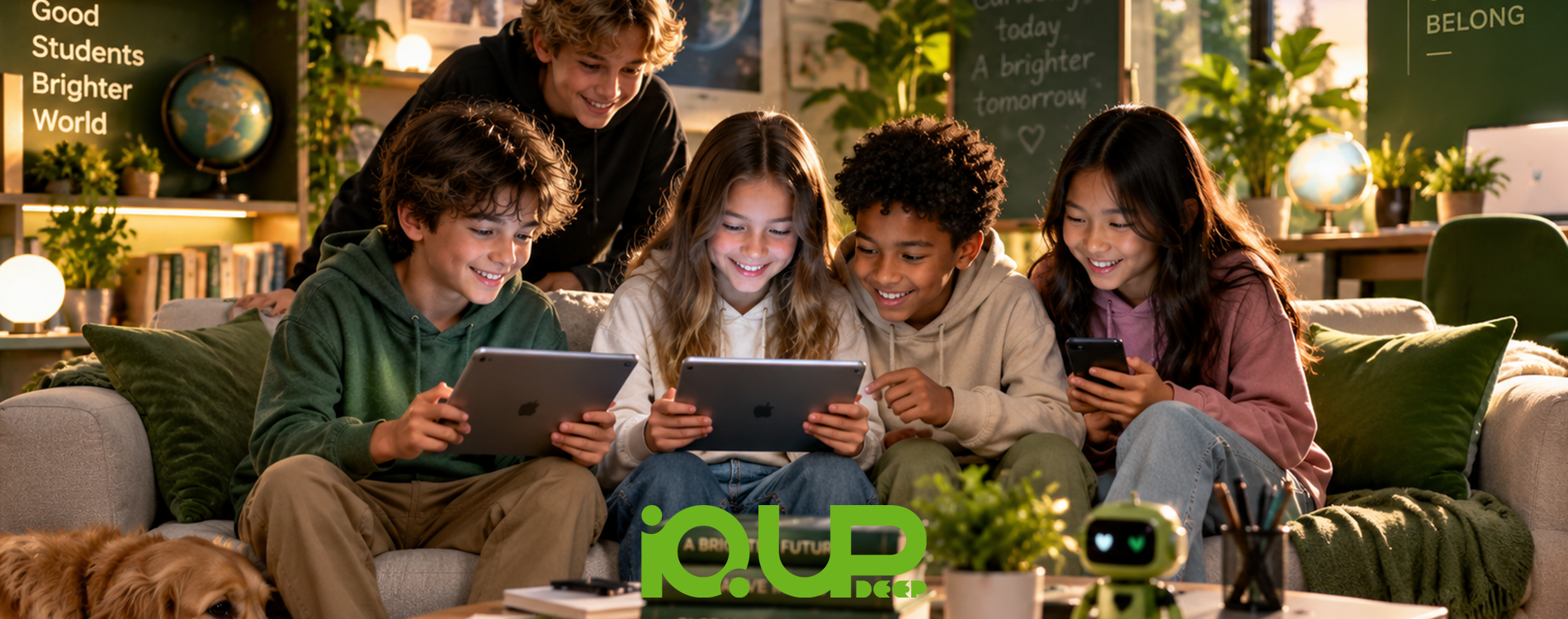 Children on a sofa learning together on tablets with IQ UP Deep