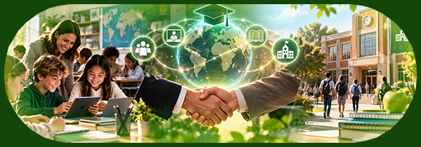 Handshake at a school, surrounded by icons for courses and learning tracks