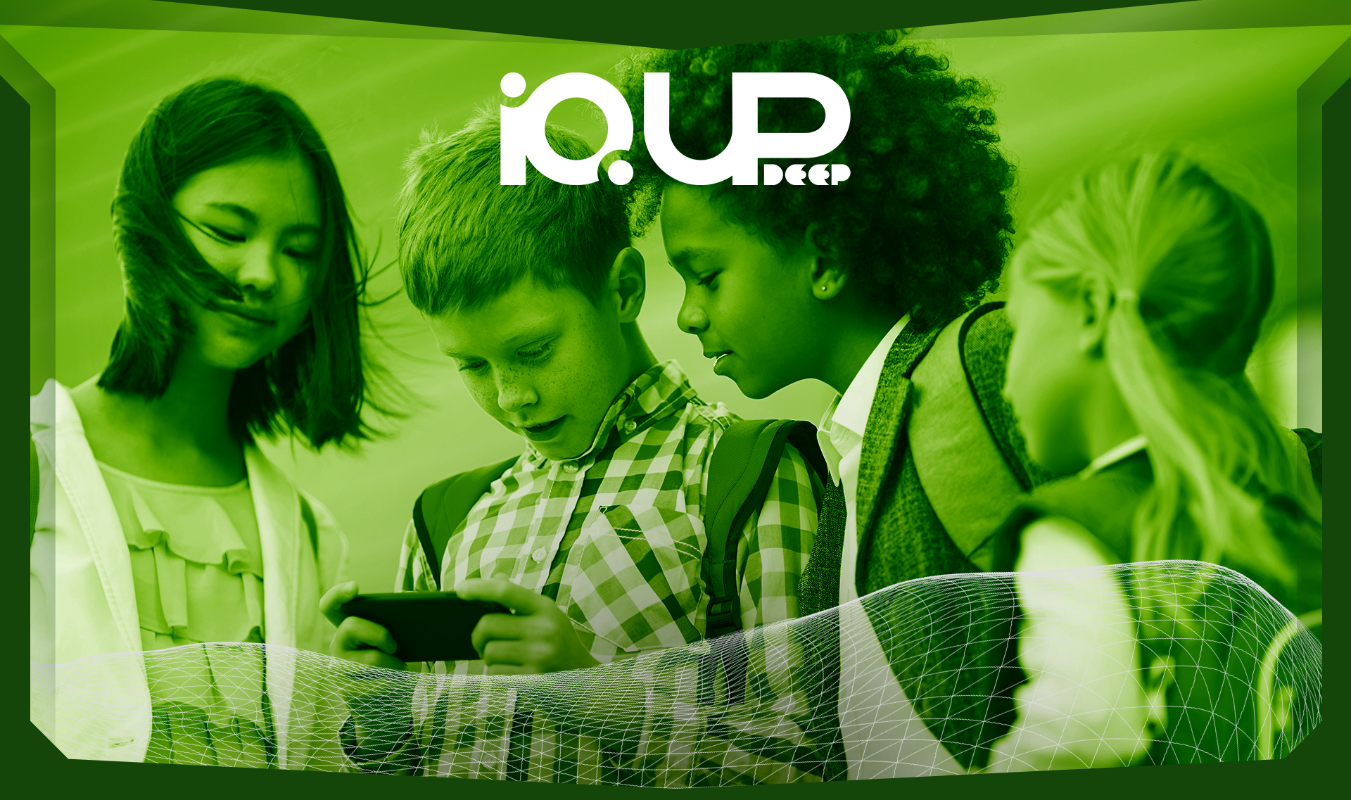 Children gathered around a phone, exploring IQ UP Deep together