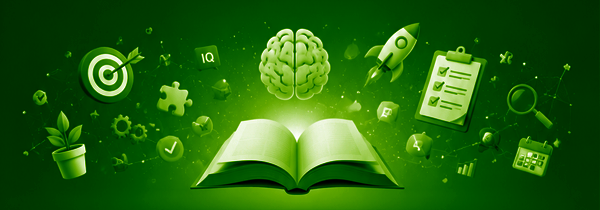 Open book with a glowing brain and learning icons