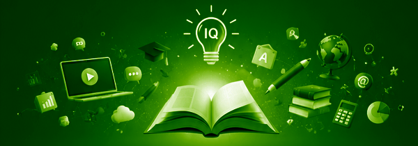 Open book with a lightbulb and connected learning icons