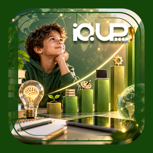 Boy thinking beside a lightbulb, rising bar charts, and a globe