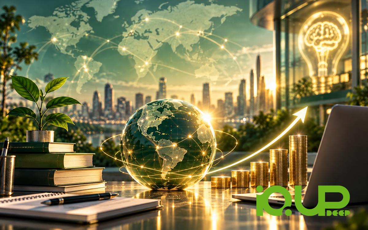 Glowing globe and lightbulb on stacked books in front of a city skyline