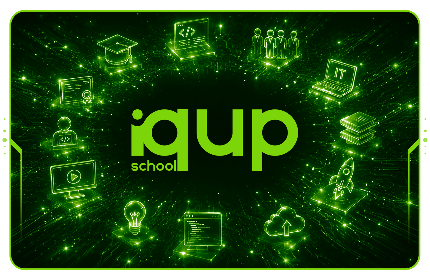 Glowing learning icons for courses, coding, reading, and ideas around the IQ UP logo