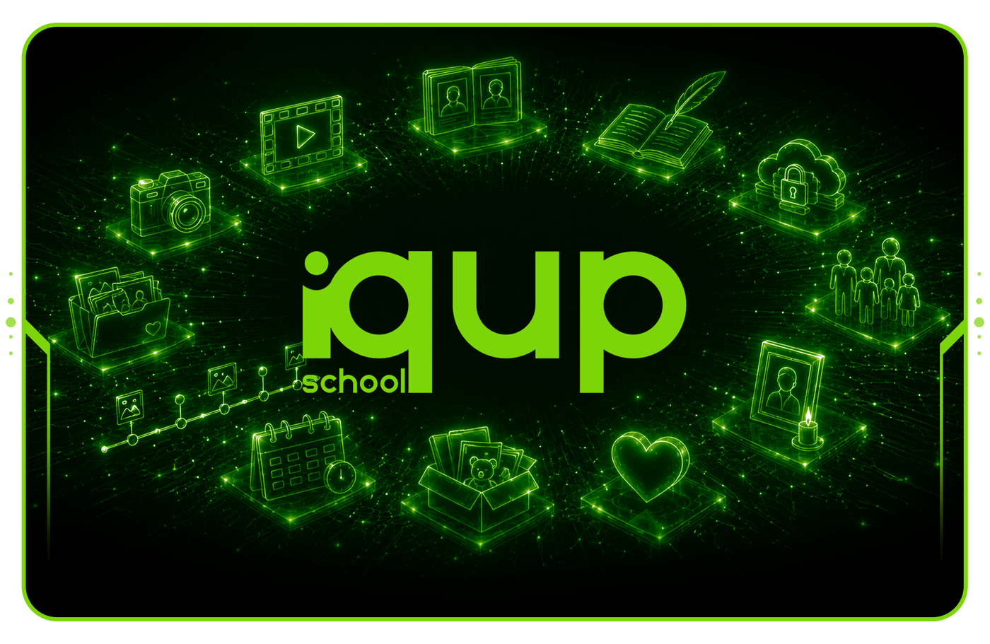 Icons for videos, schedules, messages, and progress around the IQ UP logo