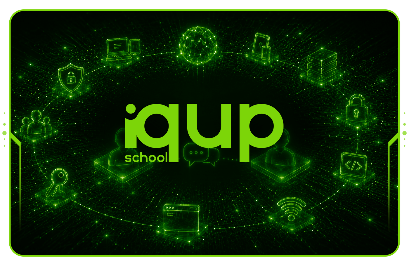 Icons for global access, safety, and connected devices around the IQ UP logo
