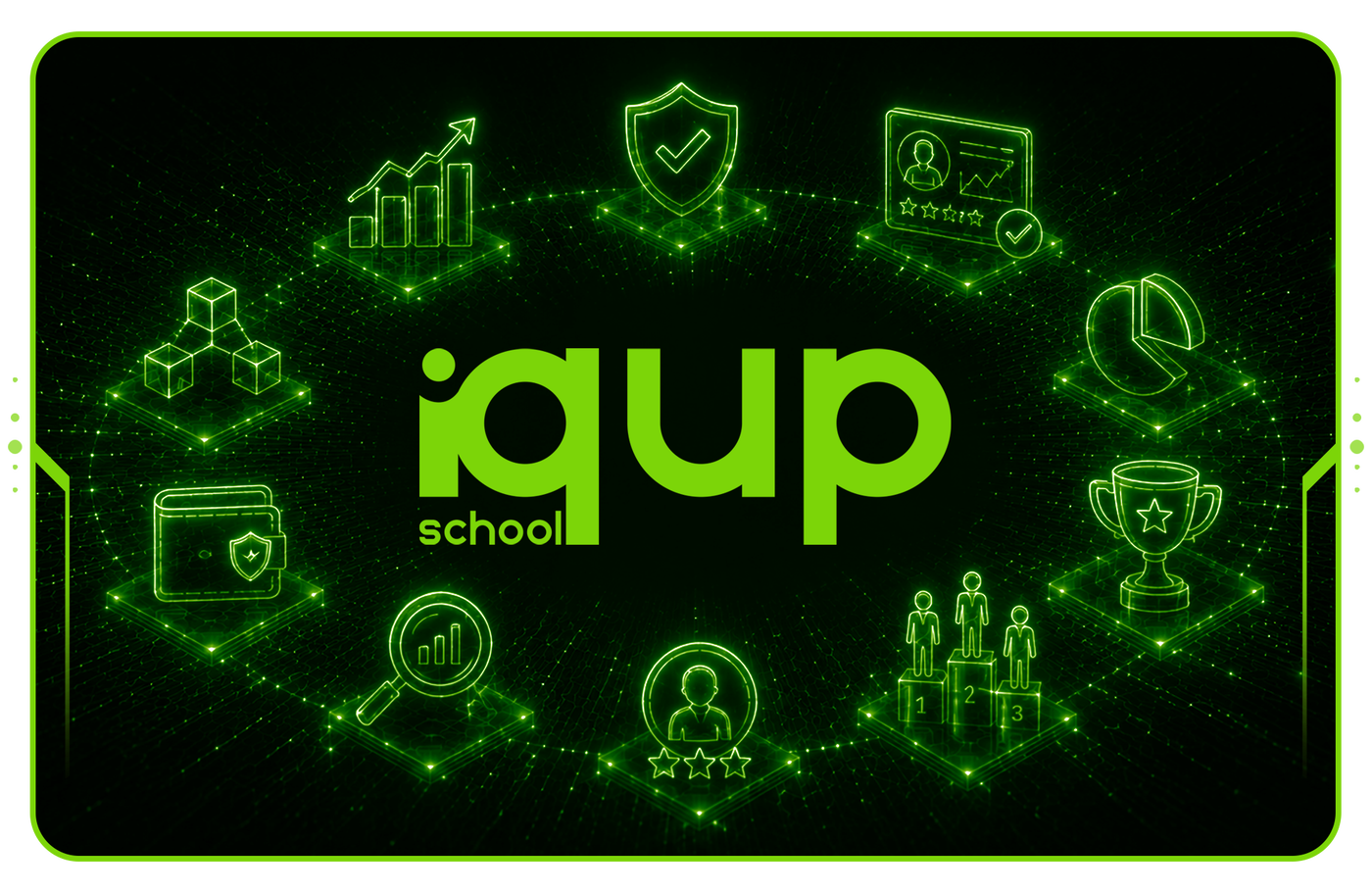 Icons for growth charts, achievements, and security around the IQ UP logo