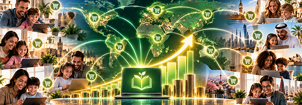 Families in different countries learning together on digital devices