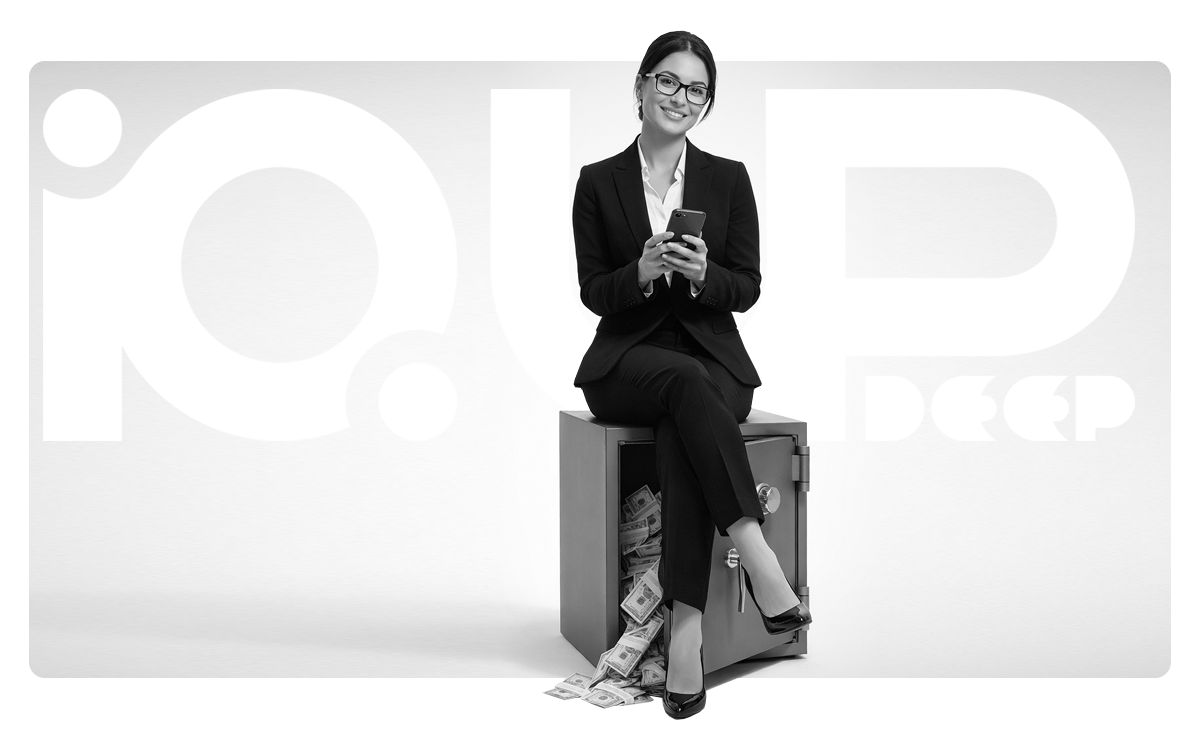 IQ UP Deep logo with a businesswoman seated on it